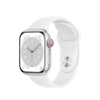 Apple Watch Series 8 + Cellular 41mm aluminium w kolorze srebrnym z paskiem sportowym w kolorze białym