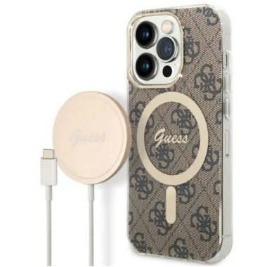 Etui do iPhone 14 Pro Max Guess 4G Gold Brown Magsafe + Charger - brązowe