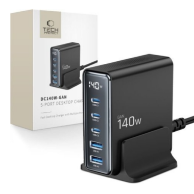 Ładowarka sieciowa Tech-Protect DC140W-GAN 3xUSB-C 2xUSB-A czarna 