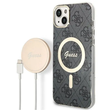 Etui do iPhone 14 Guess 4G Gold Black Magsafe + Charger - czarne