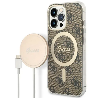 Etui do iPhone 13 Pro Guess 4G Gold Brown Magsafe + Charger - brązowe