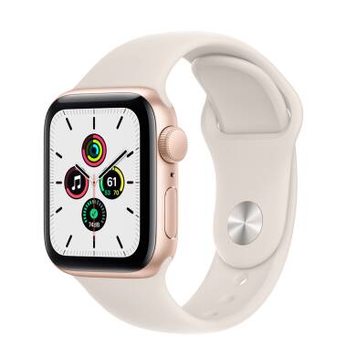 Apple Watch SE 44mm aluminium w kolorze złotym z paskiem sportowym w kolorze księżycowej poświaty