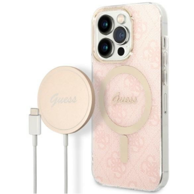 Etui do iPhone 14 Pro Guess 4G Gold Pink Magsafe + Charger - różowe