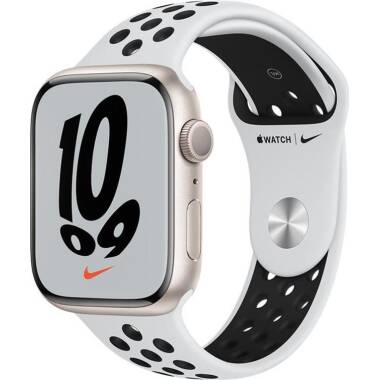 Apple Watch Nike 7 45mm aluminium w kolorze księżycowej poświaty z paskiem sportowym Nike w kolorze czystej platyny czarnym 