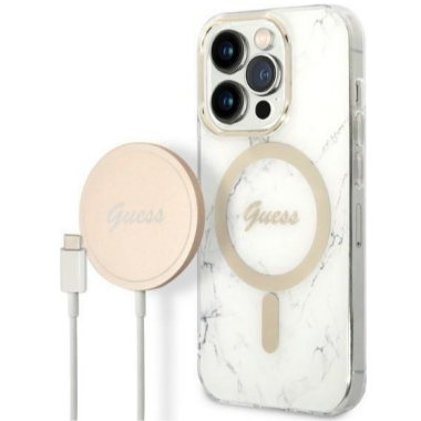 Etui do iPhone 14 Pro Max Guess 4G Gold White Magsafe + Charger - białe