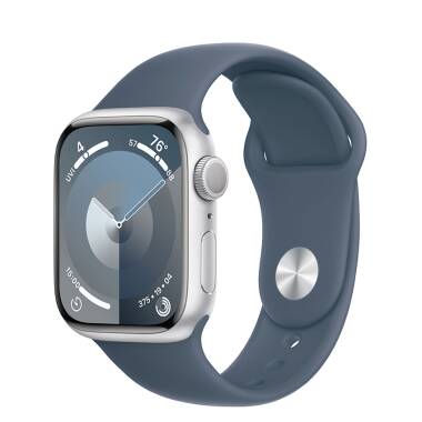 Apple Watch S9 41mm aluminium w kolorze srebrnym z paskiem sportowym w kolorze sztormowego błękitu - S/M