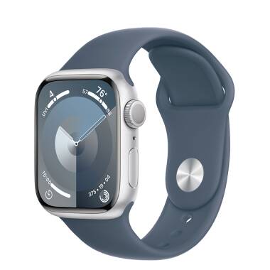 Apple Watch S9 41mm aluminium w kolorze srebrnym z paskiem sportowym w kolorze sztormowego błękitu - M/L