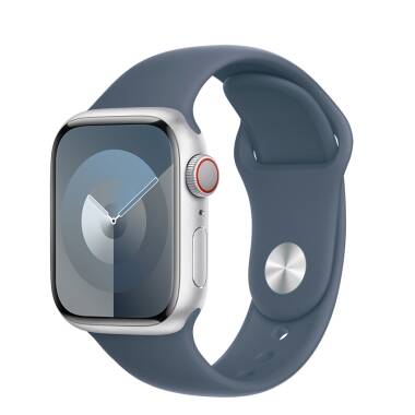 Apple Watch S9 41mm aluminium + Cellular w kolorze srebrnym z paskiem sportowym w kolorze sztormowego błękitu - S/M