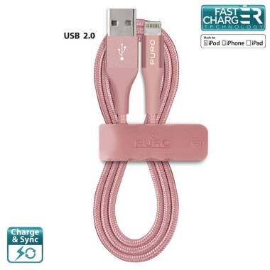 PURO Braided Cable - Kabel MFi z Lightning + klips + Aluminum Connector 1m (Rose Gold)