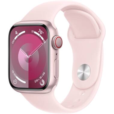 Apple Watch S9 41mm aluminium + Cellular w kolorze różowym z paskiem sportowym w kolorze jasnoróżowym - S/M