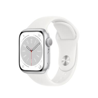 Apple Watch Series 8 45mm aluminium w kolorze srebrnym z paskiem sportowym w kolorze białym