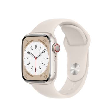 Apple Watch Series 8 + Cellular 45mm aluminium w kolorze księżycowej poświaty z paskiem sportowym w kolorze księżycowej poświaty