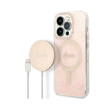 Etui do iPhone 14 Pro Max Magsafe i ładowarka Guess Charger 4G Gold Pink 