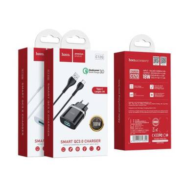 Ładowarka do iPhone/iPad HOCO C12Q z kablem USB C - czarna