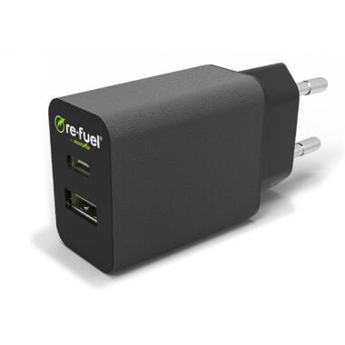 Ładowarka sieciowa USB-C + USB-A ReFuel 18W - czarna