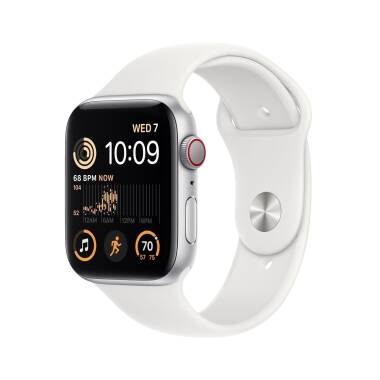 Apple Watch SE 2 + Cellular 44mm aluminium w kolorze srebrnym z paskiem sportowym w kolorze białym