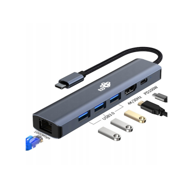 RZESZÓW Przejściówka TB USB-C HUB 6w1 - HDMI, USBx3, PD, RJ-45 AKTBXVA6W1U3HRJ