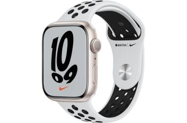 Apple Watch Nike 7 45mm aluminium w kolorze księżycowej poświaty z paskiem sportowym Nike w kolorze czystej platyny czarnym 