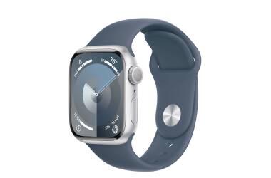 Apple Watch S9 41mm aluminium w kolorze srebrnym z paskiem sportowym w kolorze sztormowego błękitu - S/M