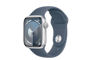 Apple Watch S9 41mm aluminium w kolorze srebrnym z paskiem sportowym w kolorze sztormowego błękitu - M/L