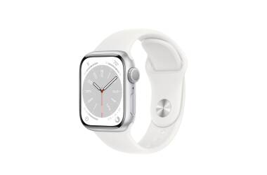 Apple Watch Series 8 45mm aluminium w kolorze srebrnym z paskiem sportowym w kolorze białym