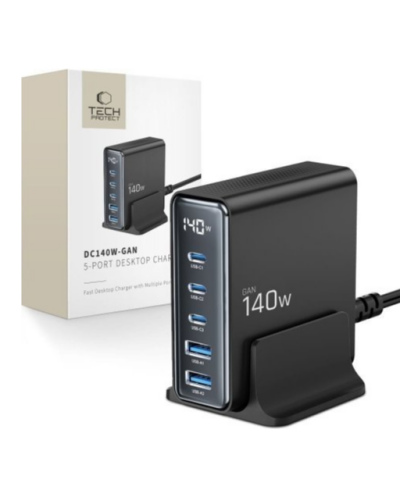Ładowarka sieciowa Tech-Protect DC140W-GAN 3xUSB-C 2xUSB-A czarna  - zdjęcie 1