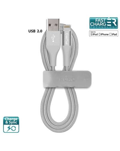 PURO Braided Cable - Kabel MFi z Lightning + klips + Aluminum Connector 1m (Silver) - zdjęcie 1