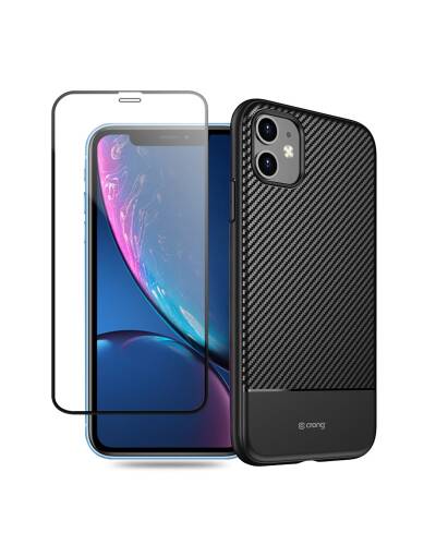 Etui do iPhone 11 Crong Carbon Cover czarne + szkło hybrydowe - zdjęcie 2