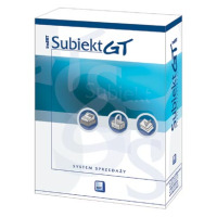 Pudełko z oprogramowaniem InsERT Subiekt GT, systemem sprzedaży, z widocznymi ikonami kasy fiskalnej, koszyka i dokumentów na niebieskim tle opakowania.