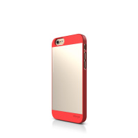 Czerwone etui Elago Outfit Matrix Extreme do iPhone 6/6S z metalicznym panelem, widok na tylną część obudowy z wycięciem na aparat i logo producenta.