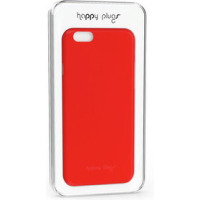 Czerwone etui Happy Plugs Ultra Thin do iPhone 6/6s w przezroczystym opakowaniu z widocznym logo marki, ukazujące wycięcie na aparat w górnym rogu.