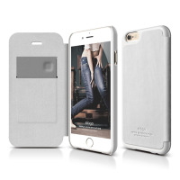 Białe etui typu flip case Elago do iPhone 6 Plus i 6S Plus z miejscem na kartę, pokazane z trzech stron, z logo marki i napisem Simple Sophistication.