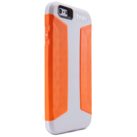 Biało-pomarańczowe etui Thule Atmos X3 do iPhone 6 oraz 6s, ukazujące wycięcie na aparat z logotypem marki Thule na tylnej części obudowy w widoku