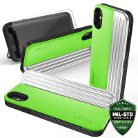 Zielono-czarne etui Zizo Retro Series do iPhone X/Xs z żebrowanym srebrnym panelem, widoczne z różnych stron wraz z certyfikatem MIL-STD 810G-516.6.