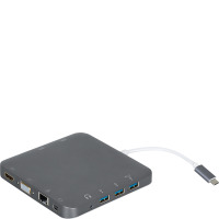Szara stacja dokująca eSTUFF USB-C Docking Hub z wieloma portami, w tym HDMI, VGA, Ethernet, USB-A oraz czytnikiem kart, połączona białym kablem z wtykiem