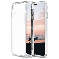 Bezbarwne etui Zizo typu PC+TPU do iPhone X oraz Xs, ukazane w rzucie izometrycznym z widocznym profilem telefonu z tapetą przedstawiającą plażę o zachodzie.