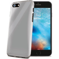 Białe, półprzezroczyste etui Celly Gelskin do iPhone 7, 8 oraz SE 2020, ukazujące wycięcie na aparat oraz dopasowanie do czarnego smartfona z włączonym ekranem.