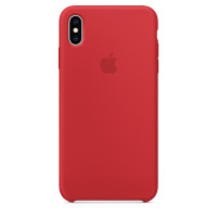 Czerwone etui silikonowe Apple do iPhone Xs Max z wycięciem na pionowy podwójny aparat oraz wytłoczonym logo Apple na środku tylnej części obudowy.