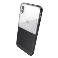 Czarne etui X-Doria Dash do iPhone Xs Max z przezroczystą górną częścią i teksturowanym dolnym panelem, ukazane w ujęciu pod kątem na tylną obudowę.
