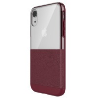 Czerwone etui X-Doria Dash do iPhone Xs Max z przezroczystą górną częścią i teksturowanym wykończeniem, ukazujące profil urządzenia z widocznymi przyciskami.
