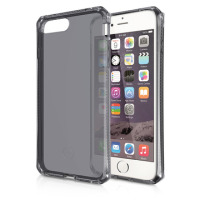Czarne, przezroczyste etui ITSKINS Spectrum do iPhone 7 Plus i 8 Plus ustawione obok telefonu z widocznym ekranem głównym systemu iOS i srebrną obudową.
