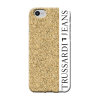 Złote etui Trussardi do iPhone 7, 8 oraz SE 2020 z błyszczącą fakturą brokatu, pionowym białym pasem z czarnym napisem TRUSSARDI JEANS oraz otworem na aparat.