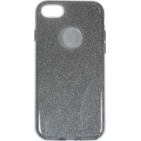 Srebrne etui eStuff Sparkle do iPhone 6, 7, 8 oraz SE 2020 z mieniącą się brokatową fakturą, widocznym wycięciem na aparat oraz okrągłym otworem na logo.