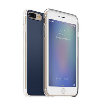 Granatowe etui Mophie Gradient do iPhone 7/8 Plus nałożone na telefon, widok prezentujący tył z podwójnym aparatem oraz przód z włączonym ekranem blokady.