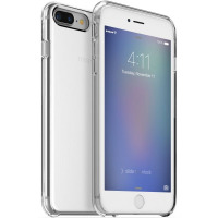 Przezroczyste etui Mophie na srebrnym iPhone 7/8 Plus, ukazujące podwójny aparat, logo marki oraz ekran blokady z godziną 4:11 w ujęciu izometrycznym.