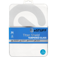 Opakowanie szkła hartowanego eSTUFF Titan Shield do iPad 2/3/4 z niebieskim pasem informującym o odporności 9H, grubości 0,33 mm i ochronie przed smugami.