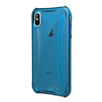 Niebieskie przeźroczyste etui UAG Plyo do iPhone Xs Max, ukazujące tylny panel telefonu z charakterystyczną wyspą aparatów oraz logo marki u dołu obudowy.
