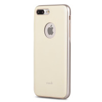 Żółte etui Moshi iGlaze do iPhone 7/8 Plus z wycięciem na logo Apple oraz podwójny aparat, widok na tylną część obudowy z widocznym napisem marki.
