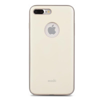 Żółte etui Moshi iGlaze do iPhone 7/8 Plus z wycięciem na logo Apple, widocznym podwójnym aparatem oraz napisem Moshi na dolnej części tylnej obudowy.