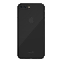 Czarne etui Moshi SuperSkin na iPhone 7/8 Plus, widok na tył telefonu z wycięciem na podwójny aparat, lampę błyskową oraz logo producenta u dołu obudowy.